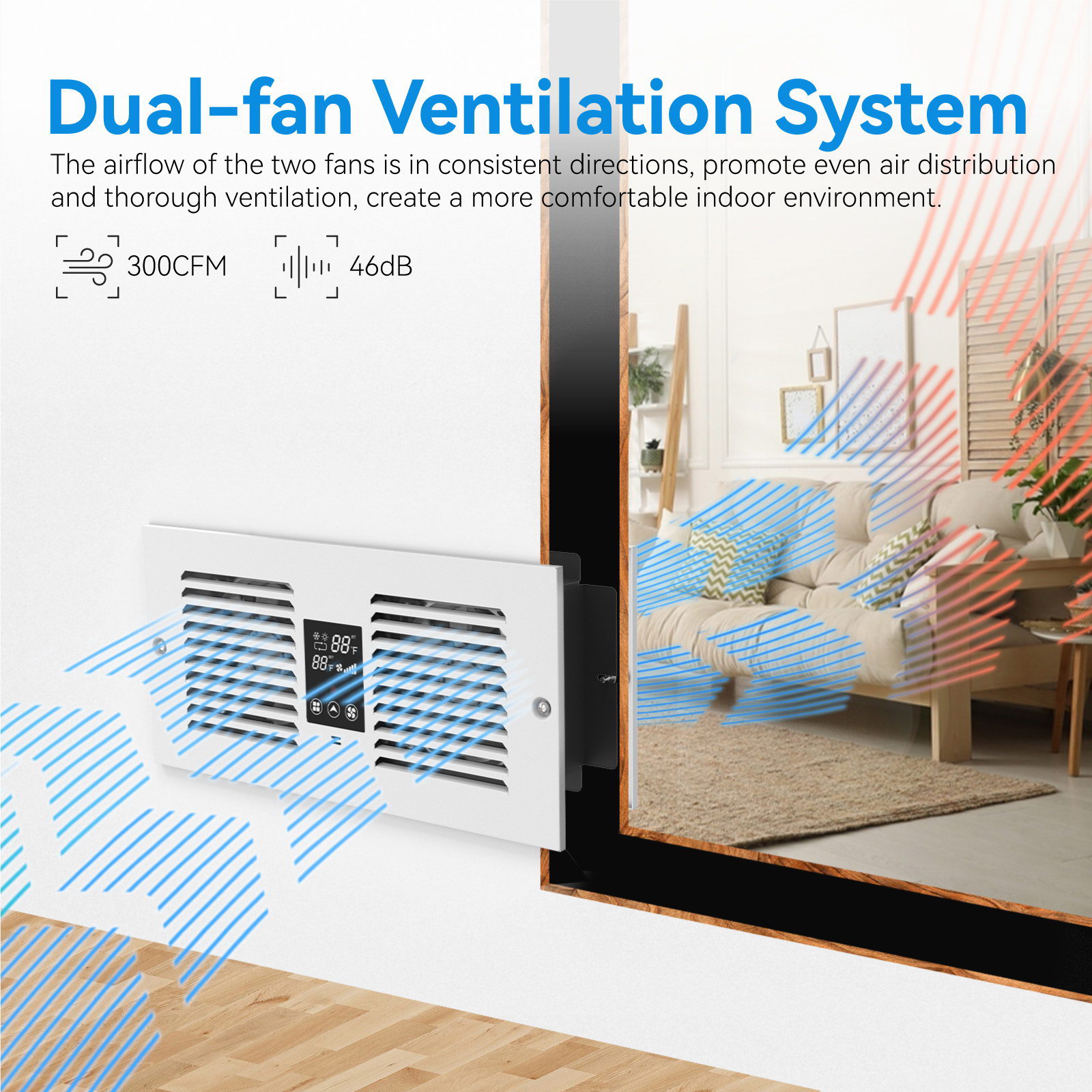 Room to Room Air Transfer Fan | 300 CFM | with Remote Sensor | Build in Temperature Control | Dual Fan | Co-Direction