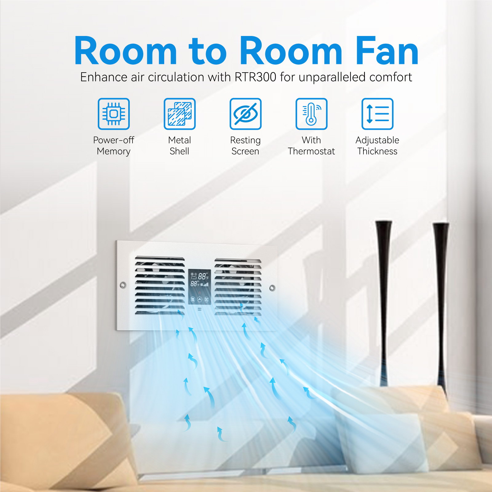 Room to Room Air Transfer Fan | 300 CFM | with Remote Sensor | Build in Temperature Control | Dual Fan | Opposite-Direction